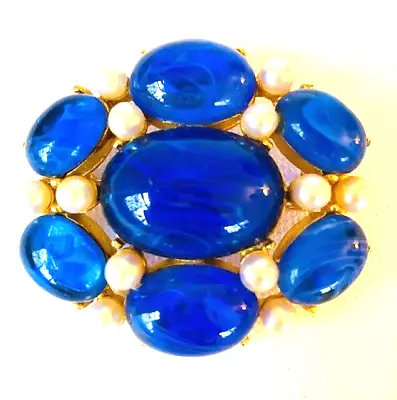 Stunning Vintage CADORO Blue Gripoix Glass Cabochon Faux Pearls Tiered Brooch • $20.50