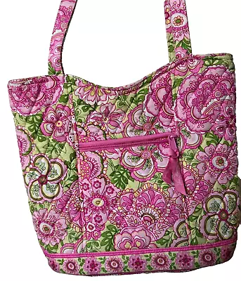 Vera Bradley Quilted Tote Bag Pocket Inside Pink Green • $8.99