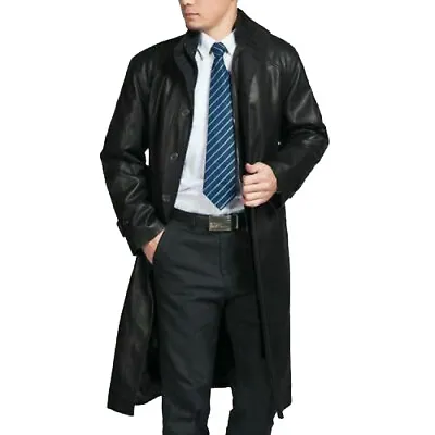 Men's Lambskin Genuine Real Leather Trench Coat Long Classic Button Jacket Black • $163.51