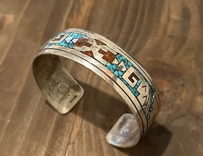 Vintage Navajo VHC Sterling Silver Crushed Turquoise & Coral Inlay Cuff Bracelet • $199.99