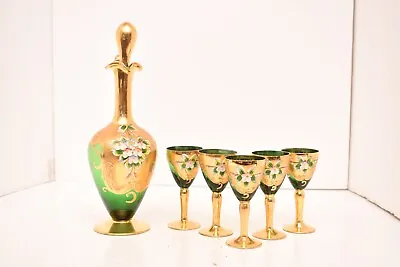 SET 5 MURANO Cordial GLASSES Wine DECANTER TRES FUOCHI GOLD Venetian Vintage • $203.26