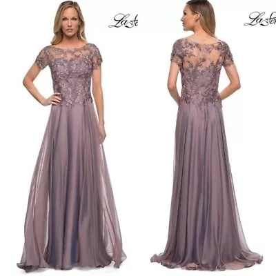 La Femme | Embroidered Floral Taupe Chiffon Gown NWOT • $225