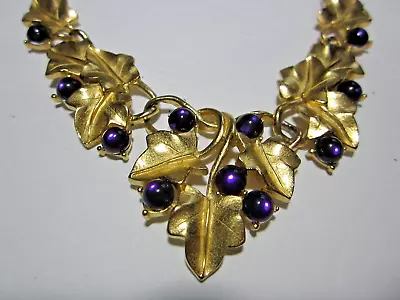 Vtg  Signed Trifari Kunio Matsumoto Grape Leaves Goldtone Purple Bead Necklace • $132.50