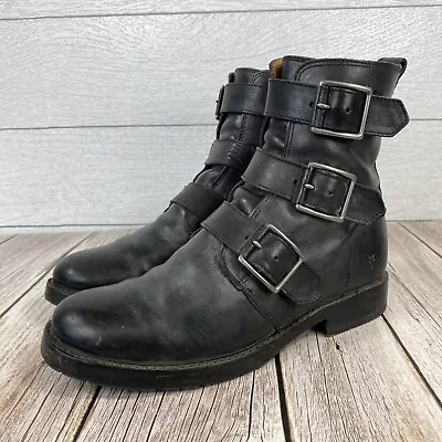 Frye Biker Chelsea Boots Combat Moto Natalie Triple Buckle Black Leather 7 B • $120