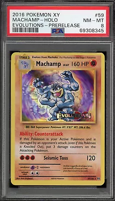 PSA 8 NM-MINT Machamp 59/108 XY EVOLUTIONS PRERELEASE HOLO Pokemon Card INV206 • £0.99