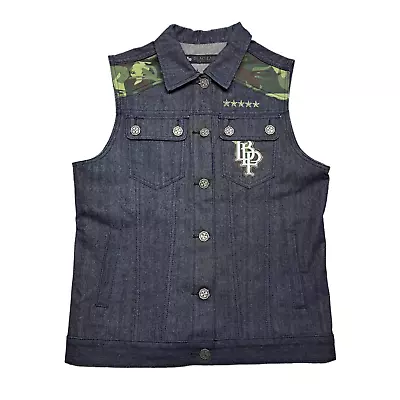 Vintage Blac Label Denim Vest Men L Camo Embroidered Fail With Honor Y2K • $31.39