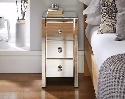 MURANO Mirrored Slimline Bedside Table Cabinet 3 Drawer Bedroom Cabinet • £104.99