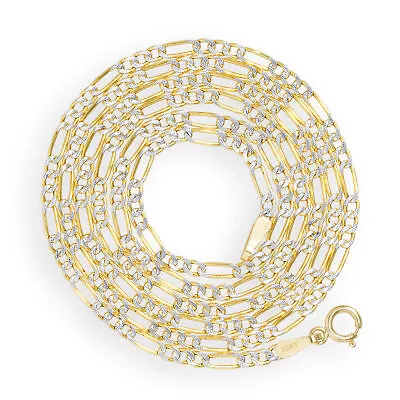 10K Yellow Gold 2mm Diamond Cut White Pave Figaro Chain Link Necklace 16 - 24  • $85.98