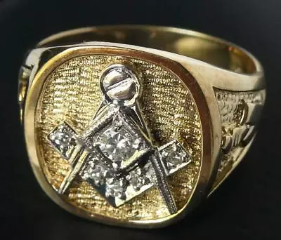 Heavy Vintage 14k Gold Diamond Masonic Freemason Ring New Old Stock Sz 8.75 10g • $749