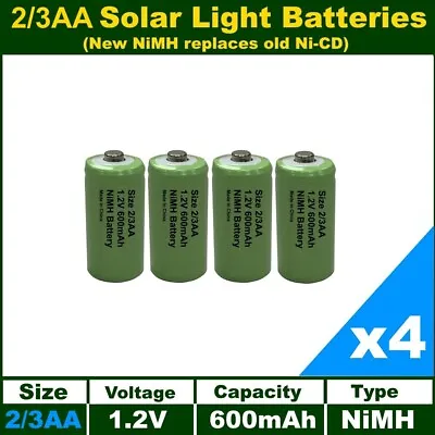 4 X 2/3AA (Two Thirds AA) Solar Light Batteries Rechargeable 1.2V NiMH 30mm Long • £5.95