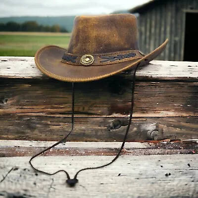 Cowboy Hat Australian Western Crazy Vintage Horse Antique Style Brown Leather Uk • £22.99