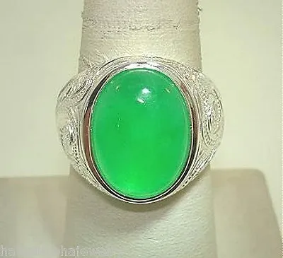 19.5mm Solid 925 Silver Engraved Hawaiian Heritage Scrolls Oval Green Jade Ring • $72