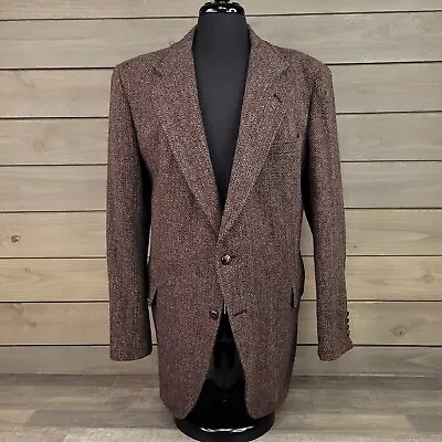 Vintage Harris Tweed Blazer Mens 46L Brown Herringbone Sport Coat 2 Button • $38.95