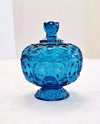 L.e. Smith Moon And Stars Blue Azure Glass Compote 8  Footed Candy Dish With Lid • $49.99