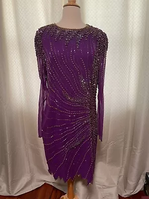 Vintage Evening Dress Purple Eggplant Heavily Beaded Gold Iridescent Sequence M • $79