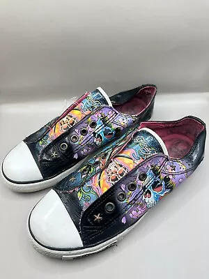 ED HARDY Slip On Laceless Black Skull LEATHER UPPER Sneakers Women's Size 7 • $18.25