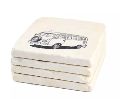 $19.95 • Buy Volkswagen VW Bus Stone Marble Coaster Set 4 Cork Bottom White