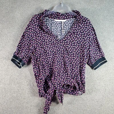 $15.99 • Buy ZARA Blouse Top Womens Medium Black Pink Short Sleeve Tie Front Sneaker Print