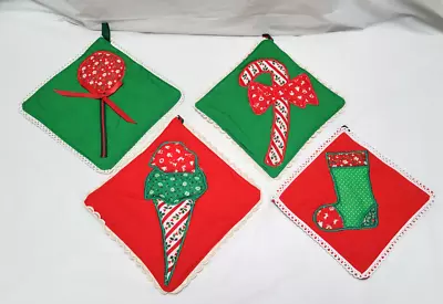Lot Of 4 Handmade Pot Holders - Holiday Christmas - Candy Cane Stocking Candy • $18.69