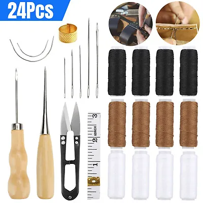 24X Leather Sewing Kit Upholstery Repair Thread Stitching Needles Awl Hand Tools • $10.98