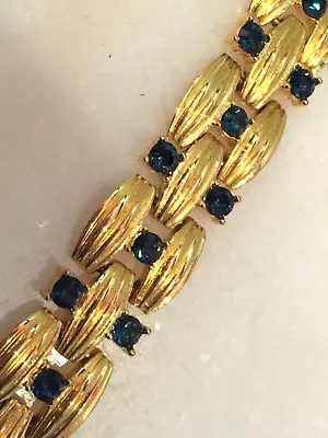 Nolan Miller: Goldtone Ribbed Link Bracelet W/ Sapphire Rhinestones💎🔵🟡 • $45