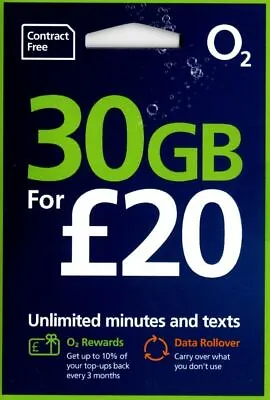 O2 Sim Card For Devices Phones Ipads Mifi  £20 For 30gb Unlimited Calls  • £0.99