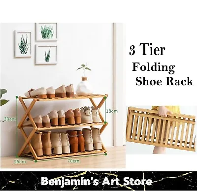 $39.45 • Buy Au 3 Tier Folding Shoe Rack Bamboo Wooden Flower Pot Shelf Plant Stand Cabinet