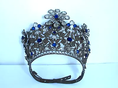 Antique Large Madonna French Tiara/ Crown With Multiple Faceted Jewels  19th C • $1295