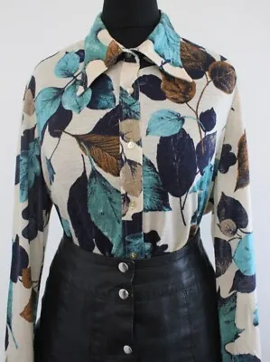 Vintage 1970s Shirt LEAF Pattern Autumnal Retro MOD Boho Top 14 TLC • £8.99