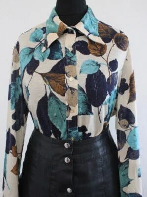 Vintage 1970s Shirt LEAF Pattern Autumnal Retro MOD Boho Top 14 TLC • £8.99