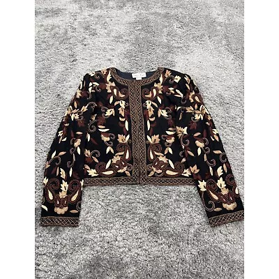 Vintage Laurence Kazar Jacket Womans Large Brown Paisley Silk Cropped Brocade • $79