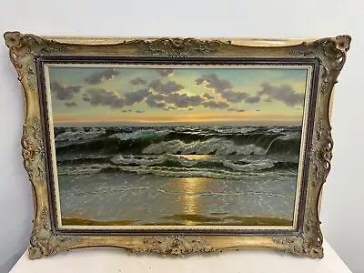 Vintage Large Beach Sunset Seascape Scene Oil Painting On Canvas Framed • $399