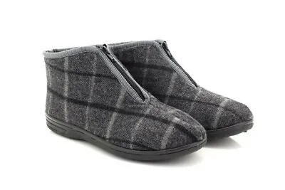 Mens JED II Zip Up Checked Warm Lined Cosy Bootee Slippers Grey • £14.99