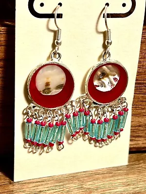 Vintage Sterling Silver Mother Of Pearl Earrings Dangle Beaded Fringe Mexico • $28