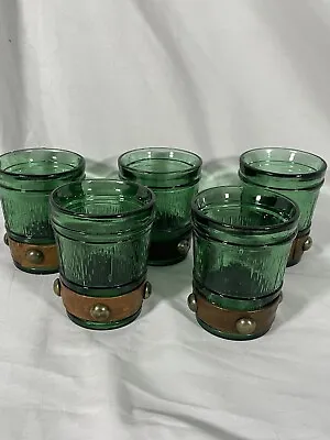 Vintage Leather Wrapped Shot Glasses Green Glass Set Of 5 • $29.99