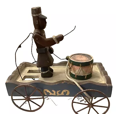 Awesome Vintage 50s 60s Wood Pull Toy  Drummer Standing On Cart • $45