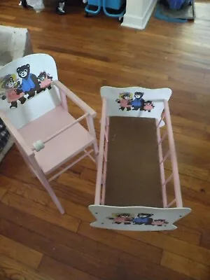 Vintage 3 Bears Wood Doll Cradle And High Chair Pink White • $74.99