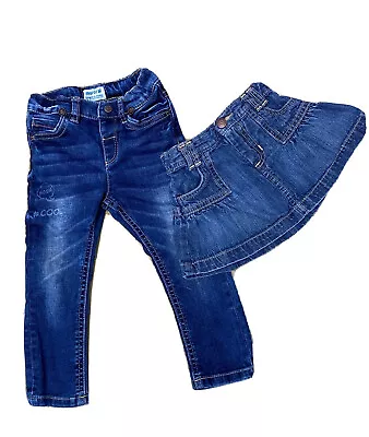 Old Navy Mayoral Toddler Girl Distressed Heavy Denim Med Wash 2pc. Lot Sz. 24mo • $8.66