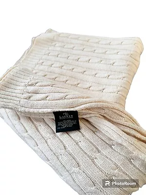 LAUREN RALPH LAUREN Cable Knit Throw Blanket 100% Cotton Cream Ivory • £57.86