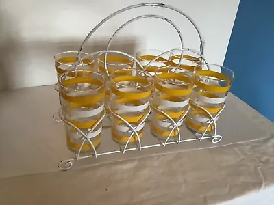 Set Of 8 Vintage Mcm Yellow And White Striped Drinking Glasses With Carrier • $35