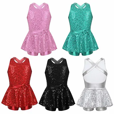 UK Girls Ballet Jazz Dress Modern Dance Leotards Shiny Sequin Performing Costume • £13.49