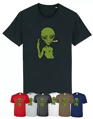 WEED ALIEN Cannabis T-Shirt E.T. Smoking Joint UFO Green Man Middle Finger 420 • £9.99