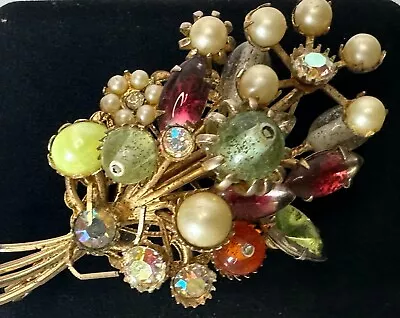 Gold Tone Multi Colored Cluster Bead Flower Vintage Brooch Jewelry Lot Y • $3.25