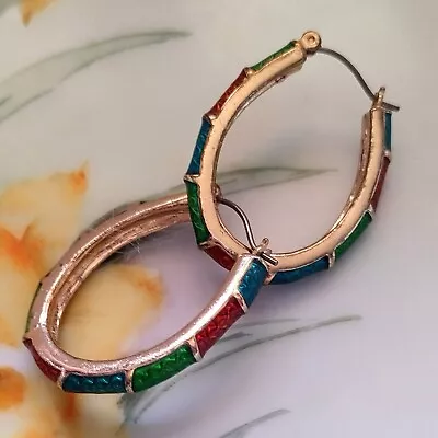 Vintage AVON?  Holiday Party Hoop Pierced Earrings Elongated Multicolor • $8.50