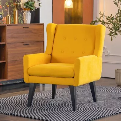Accent Chair Mid Century Wingback Chair Comfy Fabric Upholstered ArmchairYellow • $180.49