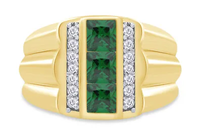 Mens Engagement Ring Simulated Emerald 14K Yellow Gold Plated Sterling Silver • $323.99
