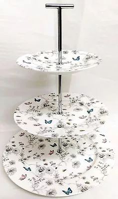 Secret Garden Cake Stand Bone China 3 Tier Flowers Butterflies & Bees Cake Stand • £35