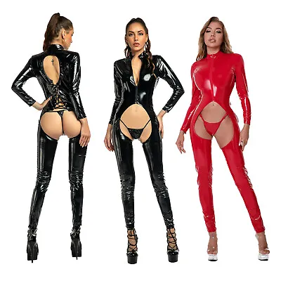 Wet-look Womens Jumpsuit Crotchless Bodysuit Zipper Lace-up Back Catsuit Thongs • £11.16