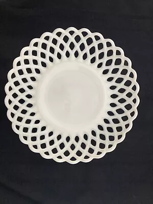 VINTAGE  LATTICE MILK GLASS OPEN LACE FRUIT BOWL 11 In Diameter Unmarked • $18