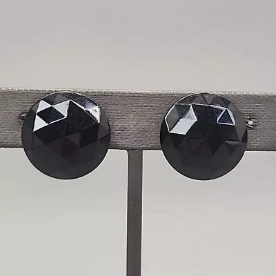 Glass  Bead Clip-On Earrings Vtg Round Black Faceted West Germany .75  • $15